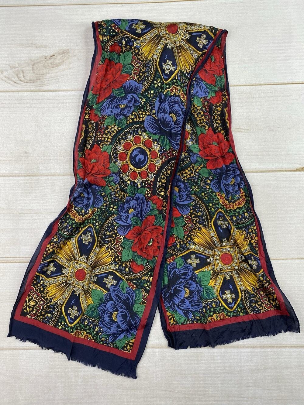 Vtg Oscar De La Renta Silk Scarf Baroque Floral Jewel Print Fall Accessories 53”